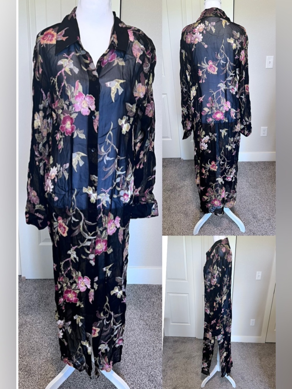 Sheer Black Floral Duster Buttons 1/2 way down for Flare Moment at Bottom PTP 19